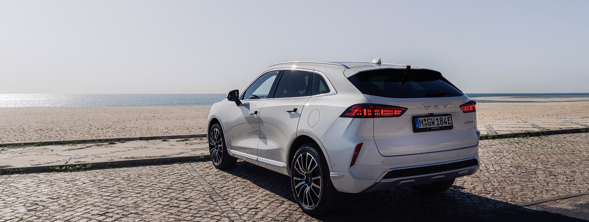 a white wey 05 car is standing outside facing the sea