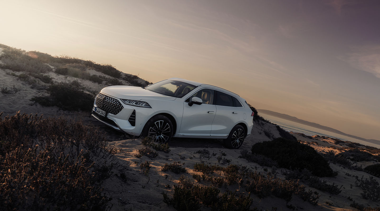 a white wey coffee 01 car photographed from the front left angle standing in the dunes