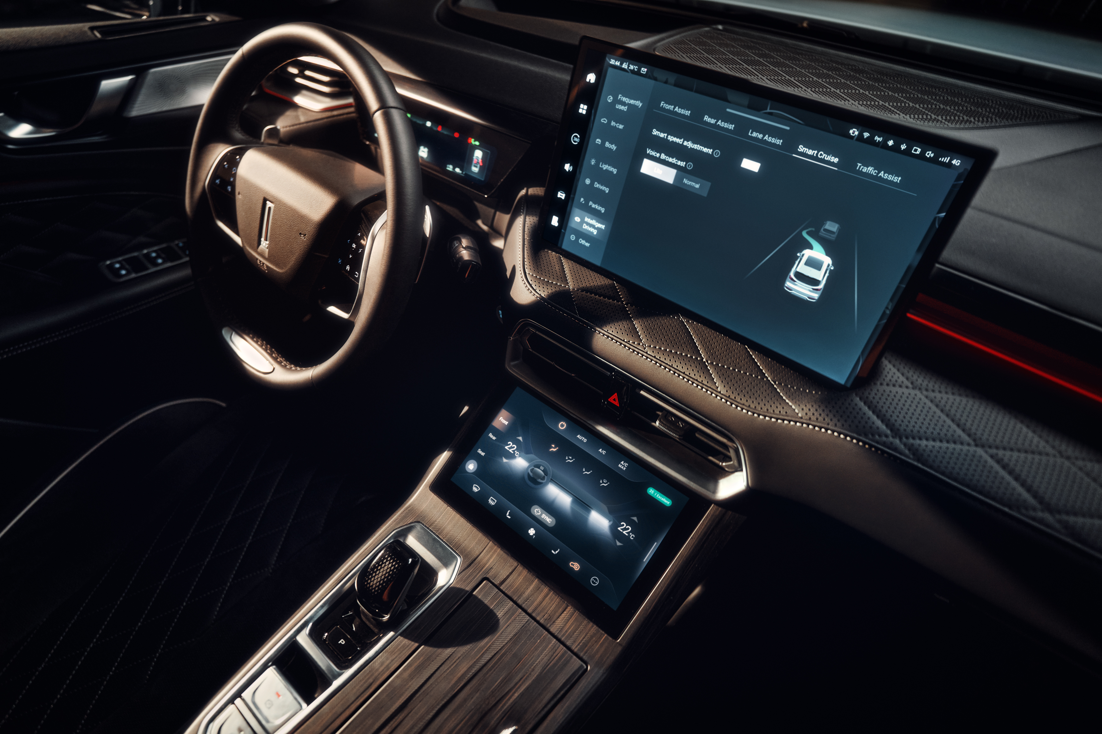 interior shot of a wey coffee 01 car showing the driver's point of view of the steering wheel and the infotainment display